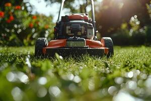A close-up view of a lawnmower on freshly cut grass in a vibrant garden during a sunny afternoon photo