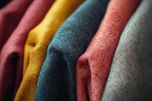 Colorful fabric swatches displayed in a close-up view, showcasing various textures and hues photo