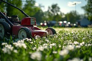 Lawn mower resting on a grassy field dotted with white flowers on a sunny afternoon in a suburban neighborhood photo