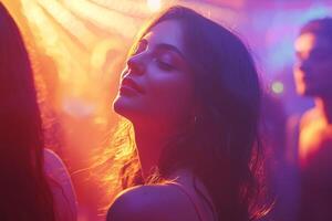In a lively party environment, a young woman turns with a smile as colorful lights illuminate her face, capturing the joyous energy around her. photo