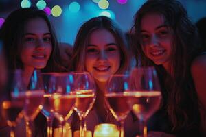 Three friends enjoying a joyful evening with drinks and candles at a vibrant party, illuminated by colorful lights photo