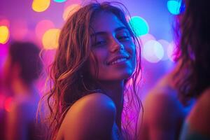 A young woman smiles joyfully at a lively gathering filled with colorful lights and energetic people around her, creating a festive atmosphere. photo