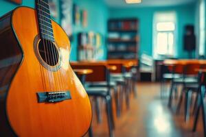 A wooden guitar rests in a bright classroom with empty desks, showcasing a quiet moment of creativity in a learning environment photo