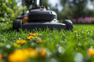A lawn mower operates diligently, trimming lush green grass and creating a neat landscape, with bright yellow flowers capturing the beauty of the garden in afternoon sunlight. photo