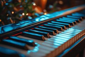 A close-up view of piano keys illuminated by soft lighting in a cozy room during the evening hours photo