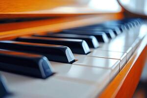 Close-up view of piano keys showcasing rich details and smooth surfaces in a bright interior setting during daytime photo