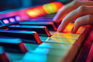 A close-up of a hand playing colorful keys on a digital piano during a vibrant music session at night photo