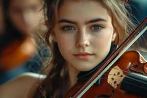 Young violinist performing in a concert setting, showcasing musical talent and dedication during the late afternoon photo