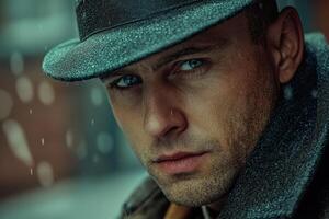Man wearing a hat in a snowy urban setting, gazing thoughtfully while snowflakes gently fall in a cold winter atmosphere photo