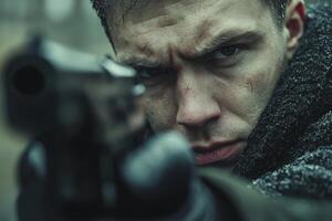 A tense moment unfolds as a focused man aims a handgun in a gritty, atmospheric setting filled with shadows and suspense photo