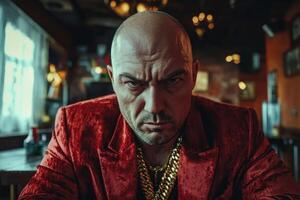 Intriguing portrait of a man in a red suit with a serious expression, captured in a dimly lit bar setting in the evening. Russian mafia photo