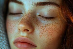 A close-up of a young woman with freckled skin resting peacefully in soft, natural light during a calm afternoon photo