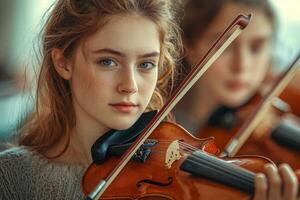 Young violinist focused on her performance while practicing in a music class with classmates indoors photo