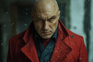 Russian mafia, serious figure in a red coat stands amidst falling snow in an urban setting during winter photo