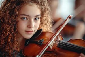 Young girl playing violin in a warm, bright environment during a music rehearsal with peers, showcasing passion for music photo