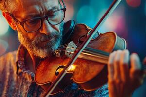An experienced musician plays the violin passionately amidst vibrant background lights during a lively evening performance photo