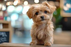 A small fluffy dog stands on a wooden table in a well-lit indoor space, showcasing its adorable features and playful demeanor photo