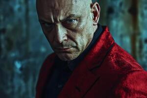 Russian mafia, man in a striking red jacket poses intensely against an urban backdrop, showcasing a confident demeanor in an industrial setting photo