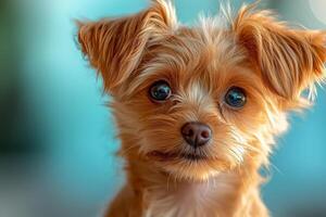 Cute small brown puppy with fluffy ears sitting attentively in a bright indoor space during daylight photo