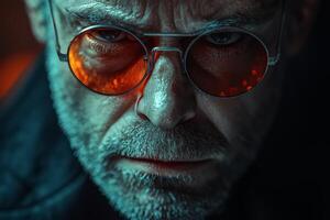 Intense close-up of a middle-aged man with glasses staring intently, showcasing emotion and depth, captured in a moody setting photo