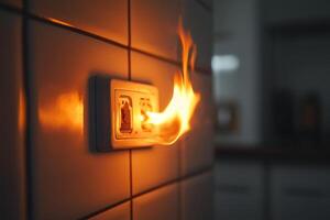 Electrical outlet with flames erupting from it in a modern kitchen setting during the evening hours photo