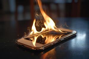 A smartphone ignites in flames on a dark table, showcasing a hazardous malfunction or battery issue in a home setting photo