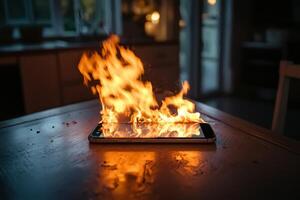 A smartphone engulfed in flames on a kitchen table at night, showcasing the dangers of device overheating photo