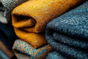 Colorful textured fabrics stacked neatly in a textile store photo