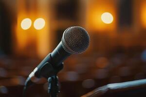 A close-up of a microphone on a stand in a softly lit auditorium prior to a public speaking event in the evening photo