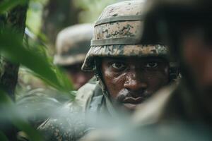A soldier in camouflage observing surroundings during a military exercise in a dense tropical forest at dawn photo