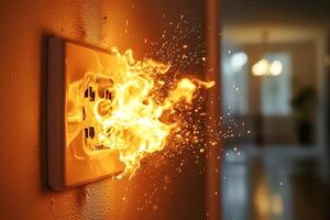 Fire emerging from an electrical outlet in a modern interior setting captured during the evening photo
