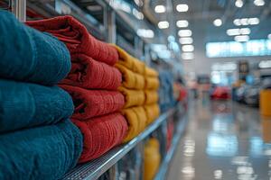 Colorful towels neatly arranged on shelves in a retail store showcasing vibrant home textiles during daytime shopping hours photo