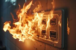 Electrical outlet engulfed in flames in a dimly lit room during a fire hazard incident photo