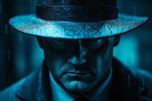 A mysterious figure in a dark coat and hat stands in the rain, illuminated by soft blue light in an urban setting at night photo