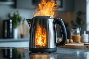 A stainless steel kettle catches fire while boiling water in a modern kitchen during daylight hours photo