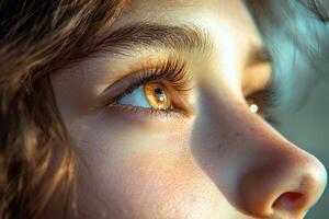 Captivating close-up of a young person's eye reflecting sunlight in a serene outdoor setting during golden hour photo