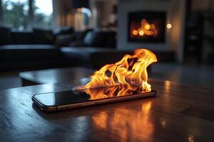 A smartphone catches fire on a wooden table in a cozy living room with a fireplace glowing in the background photo