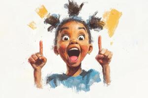 Excited child celebrating joyfully with raised hands and a bright smile, expressing delight and enthusiasm in a colorful setting photo