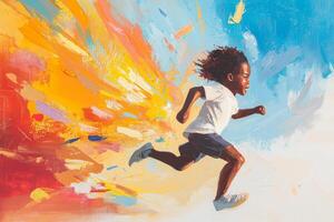 A child races forward with vibrant colors bursting around them, capturing the joy of movement and imagination in a sunny atmosphere photo