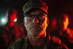 A group of military personnel under low light, focusing on a commanding officer with glasses and a serious expression during a nighttime operation photo