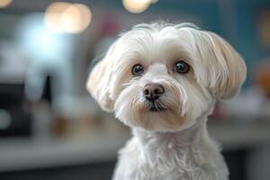 Cute small dog with fluffy white fur sitting attentively indoors at a cafe during daytime photo
