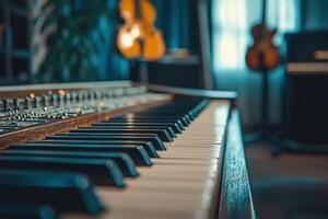 A close-up view of a vintage piano keyboard with guitars visible in a cozy music studio during daylight photo