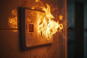 Electrical outlet igniting flames while mounted on a wall, creating a dangerous fire hazard in a dimly-lit room photo