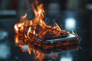A smartphone bursts into flames, emitting bright fire and smoke while resting on a reflective surface. photo