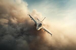 A fighter jet soars through a cloud of smoke during a military training exercise at sunset photo