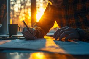 Creative individual sketching designs at a table during sunset, with warm light illuminating the workspace and surrounding environment photo