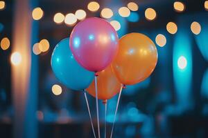 Colorful balloons in a festive setting at a celebration with soft lighting and blurred background effects photo