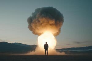 A person stands silhouetted against a massive explosion in a remote mountainous area at dusk, showcasing the power of a detonation photo
