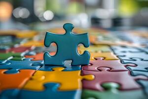 Close-up of a single blue puzzle piece resting on a colorful puzzle surrounded by blurred background during a leisurely afternoon photo