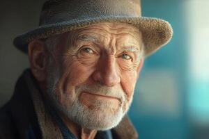 Elderly man with a warm smile wearing a hat in a softly lit setting, exuding wisdom and tranquility photo
